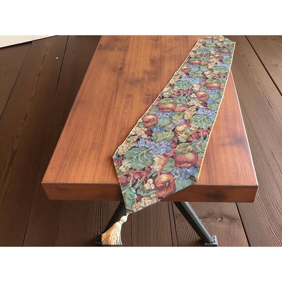 Fabric Tapestry Table Runner Tassels Fruit Grapes, Cherry , Apple , Pear 52x13 - Picture 1 of 9